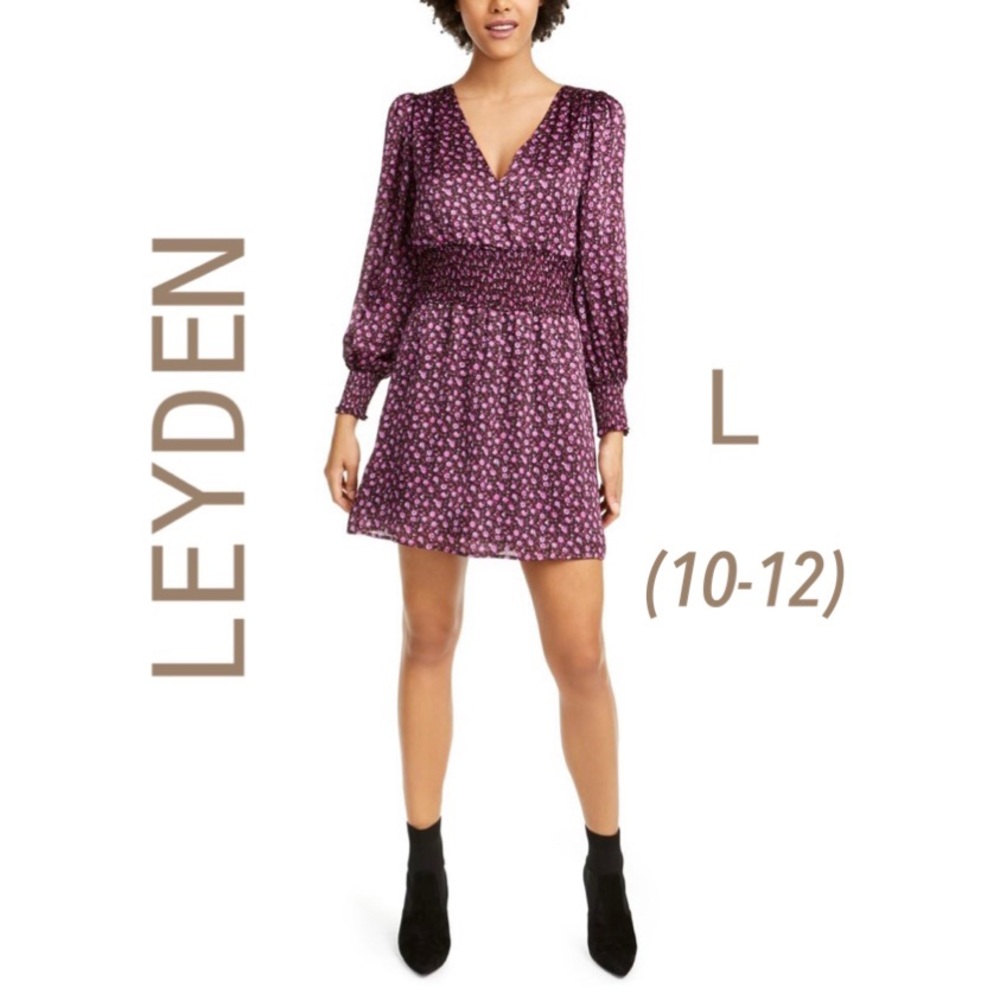 NWT (L) purple floral smock waist long sleeve party dress open tie back v neck